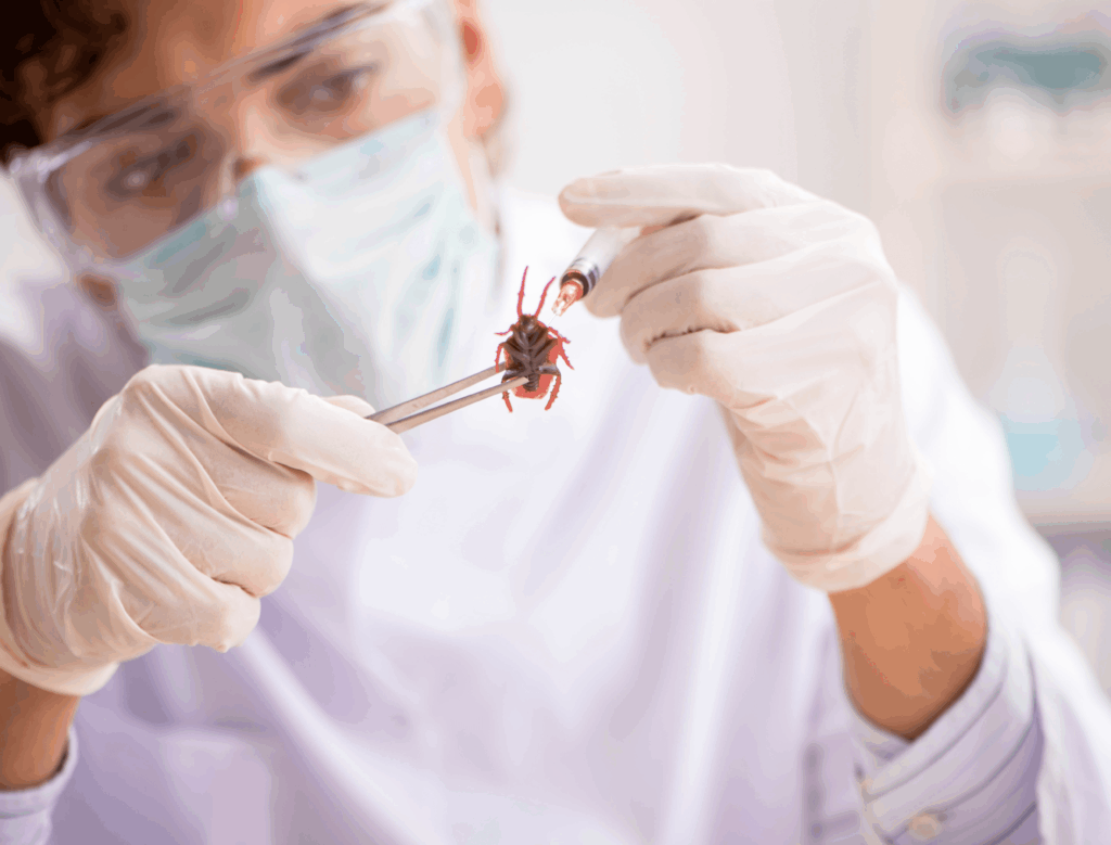 Medical entomologist examining a tick specimen with tweezers in a laboratory while wearing protective safety equipment.