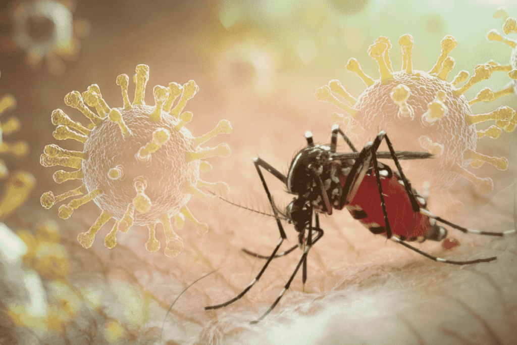 A mosquito with a red body next to a graphic depiction of a virus.  